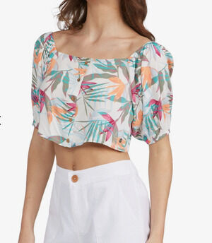 Roxy Pure Sugar Puff Sleeve Crop Top Shirt Size Small Tropical Floral Print